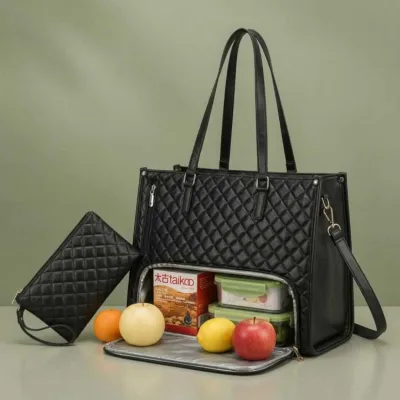 Premium Women's Lunch Tote & Matching Pouch Set – Black